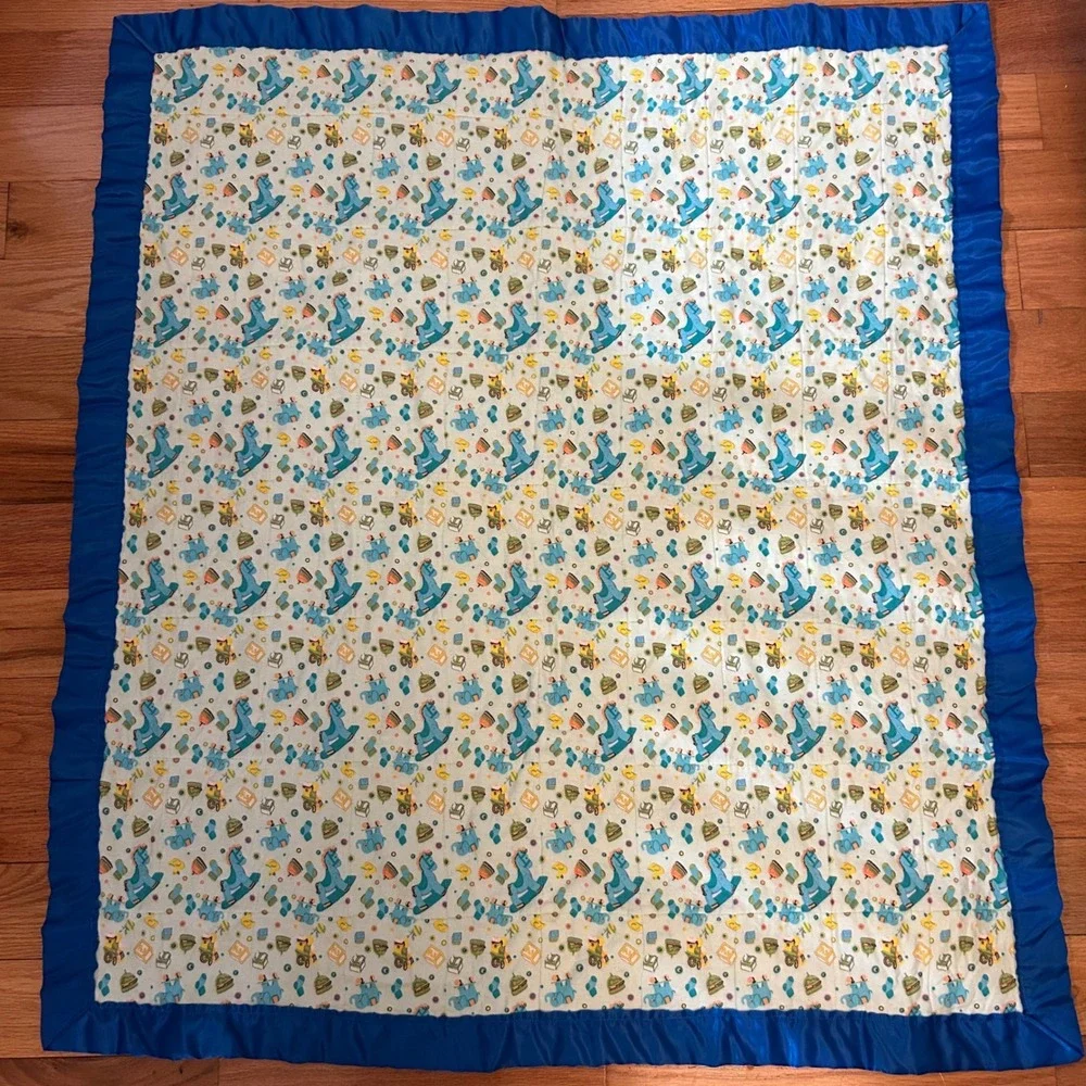 Vintage Baby Quilt Rocking Horse Elephant Nursery Print Blue Satin  Trim 36